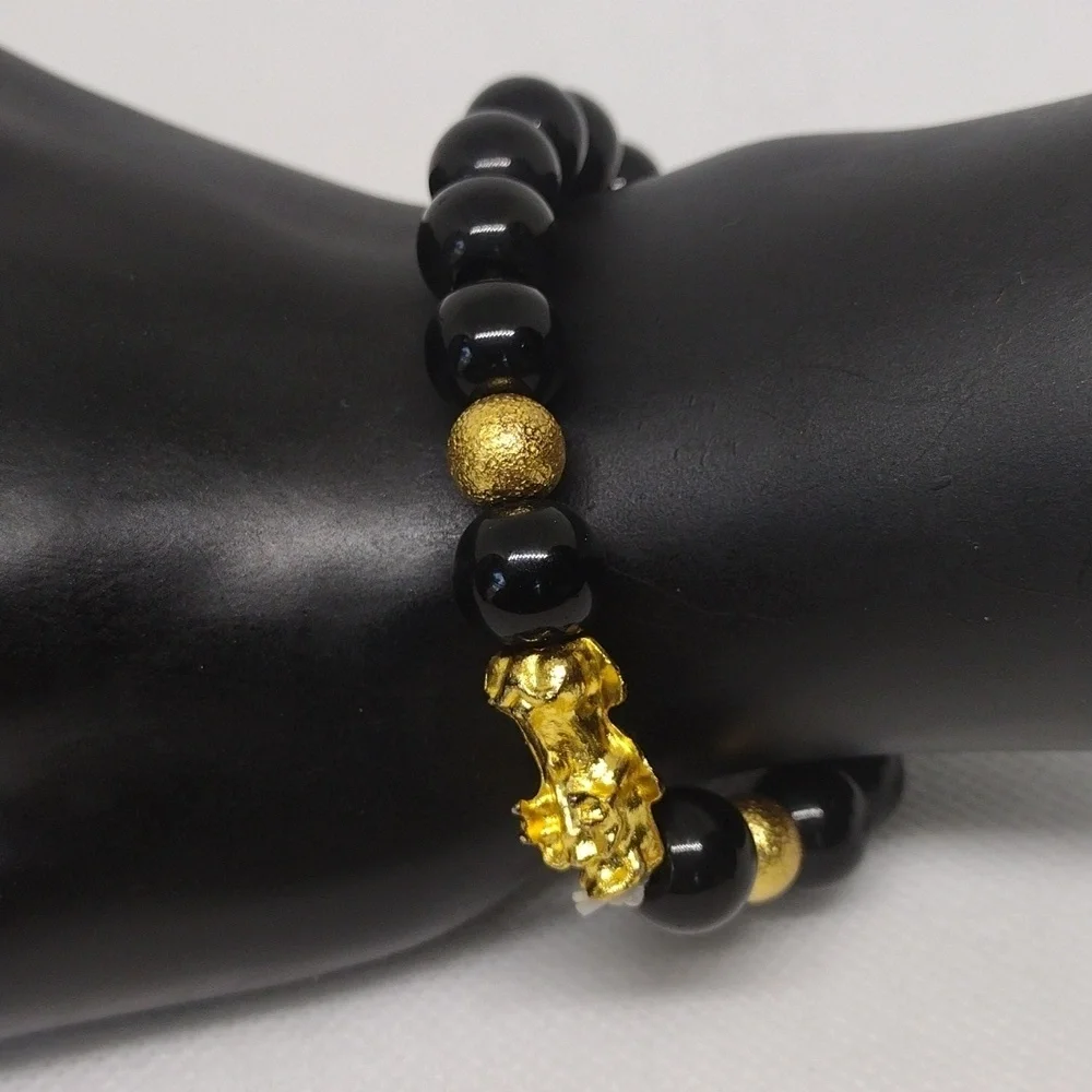 Feng Shui Black Obsidian & Gold Pixiu Wealth Luck Bracelet | Unisex Stretch
